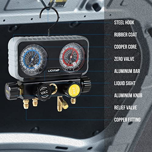 Lichamp مجموعة عدادات Lichamp AC R1234YF R134A، مجموعة عدادات مانيفولد بأربعة صمامات متوافقة مع المبردات R1234YF R134A و R404A، تعمل على شحن وتفريغ فريون السيارة - Image 4