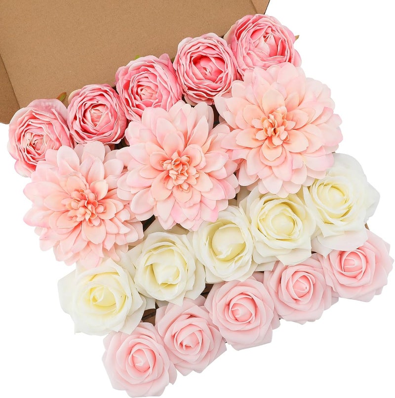 Floweroyal Pink Artificial Flowers Fake Rose Flowers Dahlia with Stems for DIY Wedding Bridal Bouquets, Baby Shower, Floral Arrangement, Table Centerpieces, Home Decorations. - Image 1