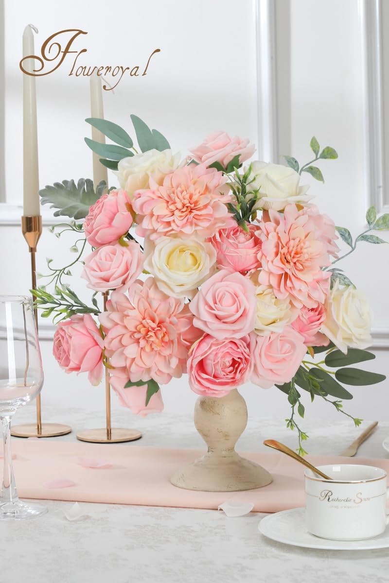 Floweroyal Pink Artificial Flowers Fake Rose Flowers Dahlia with Stems for DIY Wedding Bridal Bouquets, Baby Shower, Floral Arrangement, Table Centerpieces, Home Decorations. - Image 3