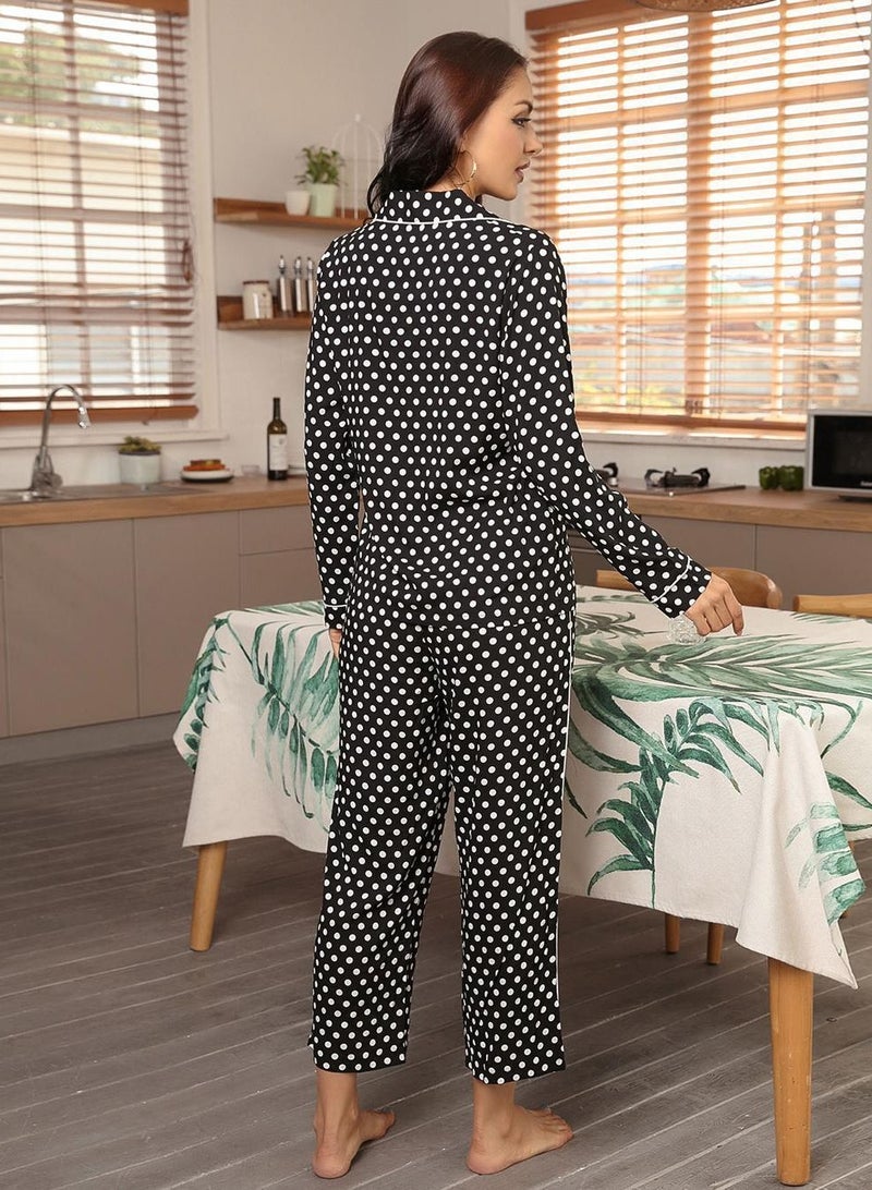 Loquat Women's Polka Dot Loose 2-Piece Set Pajamas Long Sleeve Lapel Top And Pants Soft Loungewear Nightgown Suit Leisure Wear  - Image 2