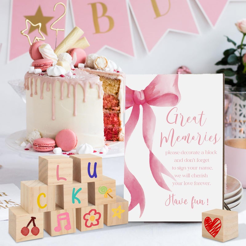 ZCPTZ 97 Pcs Pink Bow Baby Shower Games Sign Kit,Pink Bow Party Decoration,Including Game Sign 72 DIY Blank Wooden Block 24 Pen to Draw Your Idea for Baby Shower Party Game Gender Reveal Party - Image 5