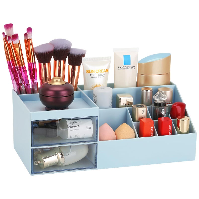 LETURE Desk Organizer Cosmetic Makeup Vanity Organizer Box Bathroom Counter Makeup Storage for Eyeshadows Skin Care Concealers Powders Nail Polish Blue