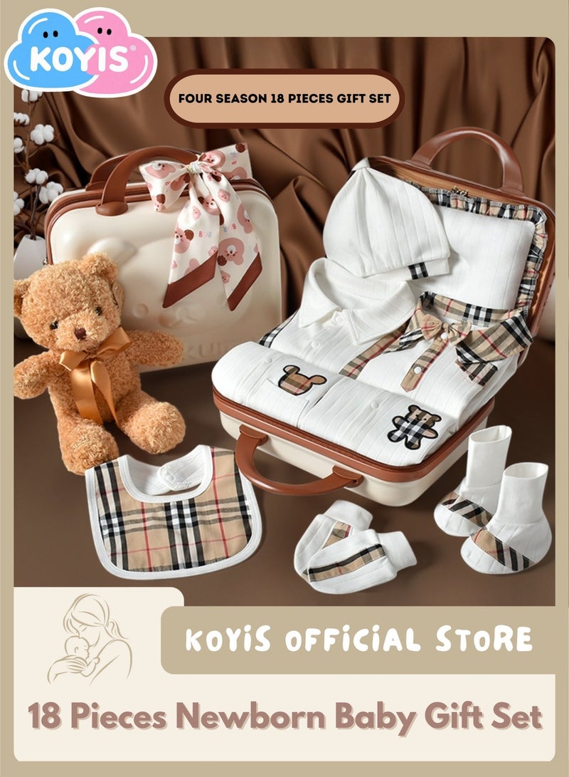 كويس حقيبة هدايا للأطفال مكونة من 18 قطعة - ملابس أطفال قطنية 100%، قبعة، جوارب، لعبة، بطانية، ومستلزمات أساسية للمواليد الجدد، مناسبة لجميع الفصول (الربيع، الصيف، الخريف، الشتاء)، للأولاد والبنات، من عمر 0 ​​إلى 3 أشهر - تصميم دب فاخر - Image 1