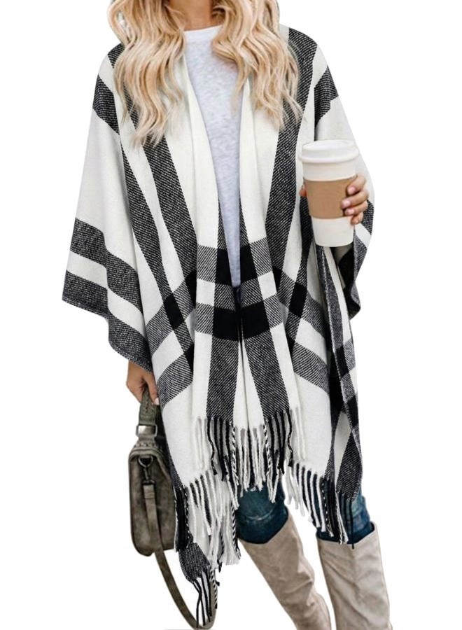 Bestshe Women's Boho Open Front Poncho Knitted Plaid Shawl Wrap Cape Tassel Cardigan Sweater, #04 White Black, One size - Image 1