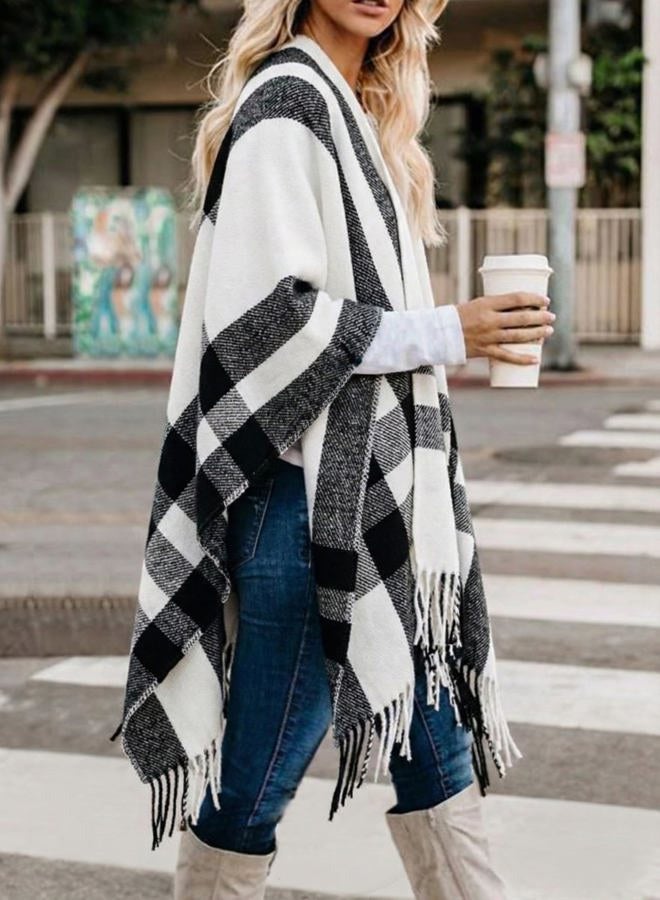 Bestshe Women's Boho Open Front Poncho Knitted Plaid Shawl Wrap Cape Tassel Cardigan Sweater, #04 White Black, One size - Image 2