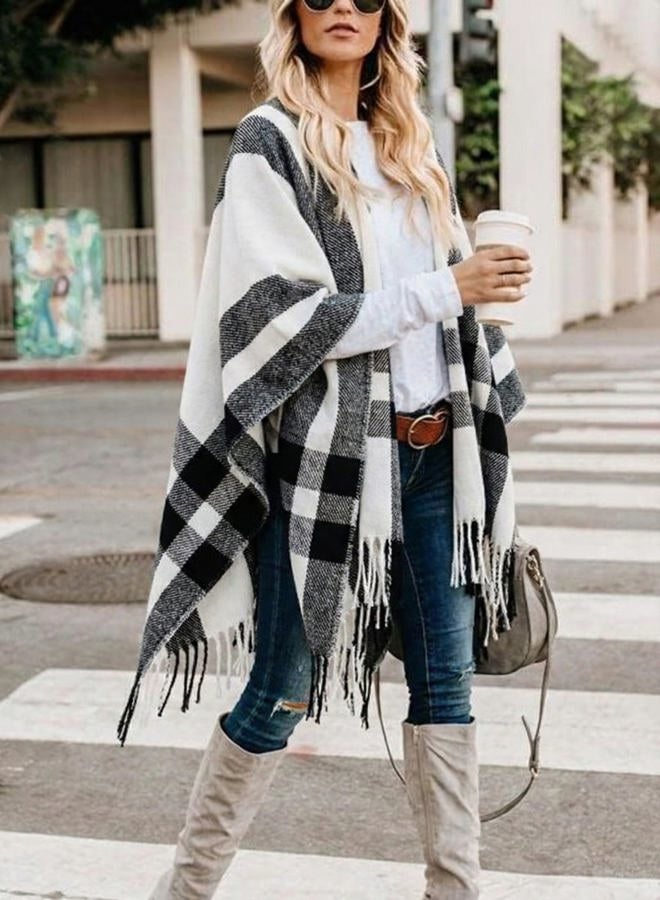 Bestshe Women's Boho Open Front Poncho Knitted Plaid Shawl Wrap Cape Tassel Cardigan Sweater, #04 White Black, One size - Image 5