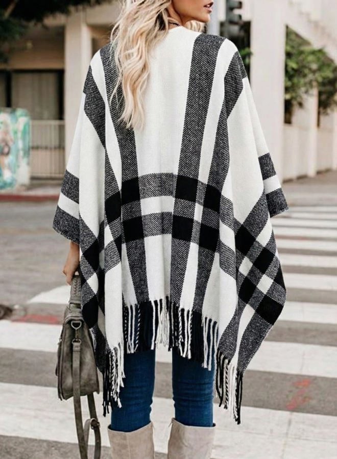 Bestshe Women's Boho Open Front Poncho Knitted Plaid Shawl Wrap Cape Tassel Cardigan Sweater, #04 White Black, One size - Image 3
