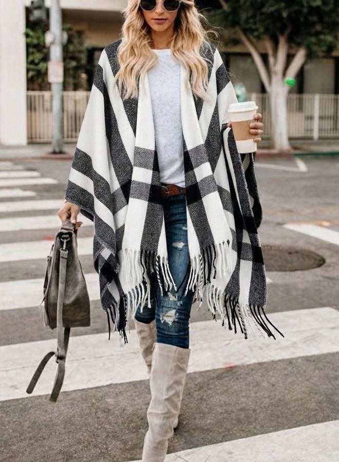 Bestshe Women's Boho Open Front Poncho Knitted Plaid Shawl Wrap Cape Tassel Cardigan Sweater, #04 White Black, One size - Image 4