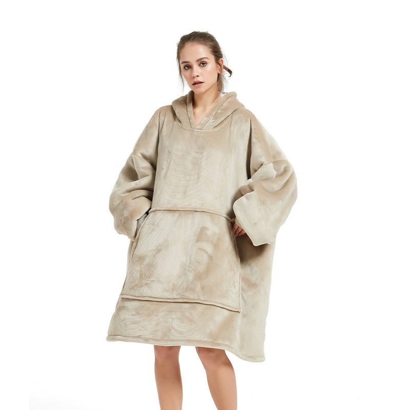 Oversized Hoodie Blanket Flannel Couples Loungewear Coffee-Adult Double Layer 