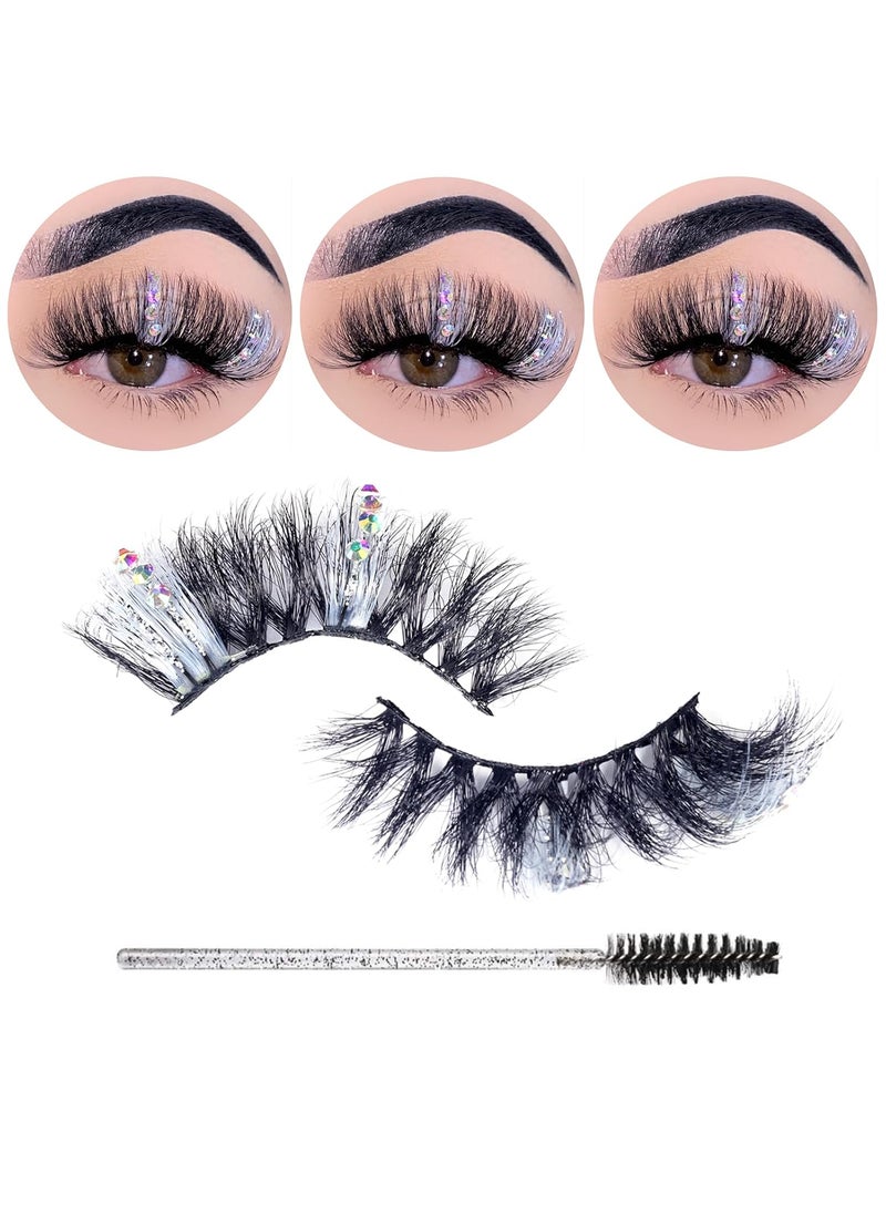 Miss Kiss Miss Kiss 1 Pair Lashes with Color White and Rhinestone Silver Glitter Diamond Eyelashes 3D Sparkly Faux Mink False Eyelash Unique Design Manga Fairy Fake Eye Lash 18 MM 