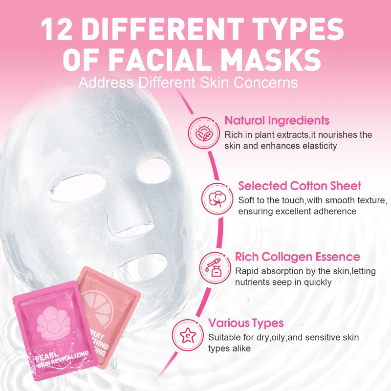 KONEUK 12 Pack Collagen Hydrating Face Masks Skincare, Sheet Face Mask for All Skin Types, Facial Masks Set for Women Skin Care, Face Mask Bulk Spa Gifts for Women - Image 2