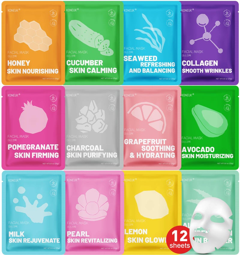KONEUK 12 Pack Collagen Hydrating Face Masks Skincare, Sheet Face Mask for All Skin Types, Facial Masks Set for Women Skin Care, Face Mask Bulk Spa Gifts for Women - Image 1