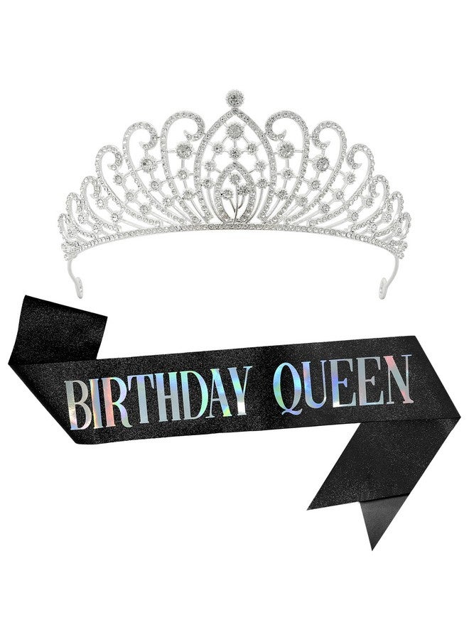 KATCHON Holographic Happy Birthday Sash And Tiara - Silver Rhinestone Tiara Set | Birthday Crown And Sash For Women | Glitter Crystal Hair Accessory For Queen'S Birthday | Women Birthday Decoration - Image 1