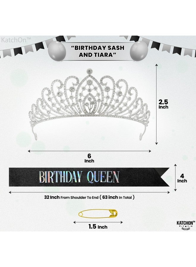 KATCHON Holographic Happy Birthday Sash And Tiara - Silver Rhinestone Tiara Set | Birthday Crown And Sash For Women | Glitter Crystal Hair Accessory For Queen'S Birthday | Women Birthday Decoration - Image 2