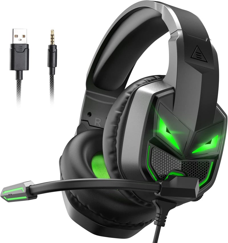 إكسا سماعة رأس ألعاب لأجهزة Xbox One، PS4، PC، PS5، الأجهزة المحمولة - سماعة ألعاب مع ميكروفون عازل للضوضاء، وسادات أذن مريحة فوق الأذن، محركات 50 مم، إضاءة RGB، تحكم بزر واحد (أخضر) - Image 1