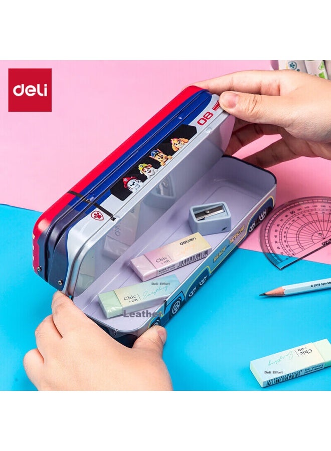 ديلي Deli Paw Patrol Rescue Bus Stationery Box، علبة أقلام قصديرية قابلة للطي ثلاثية الطبقات، حافظة أقلام متعددة الوظائف، Red - Image 1
