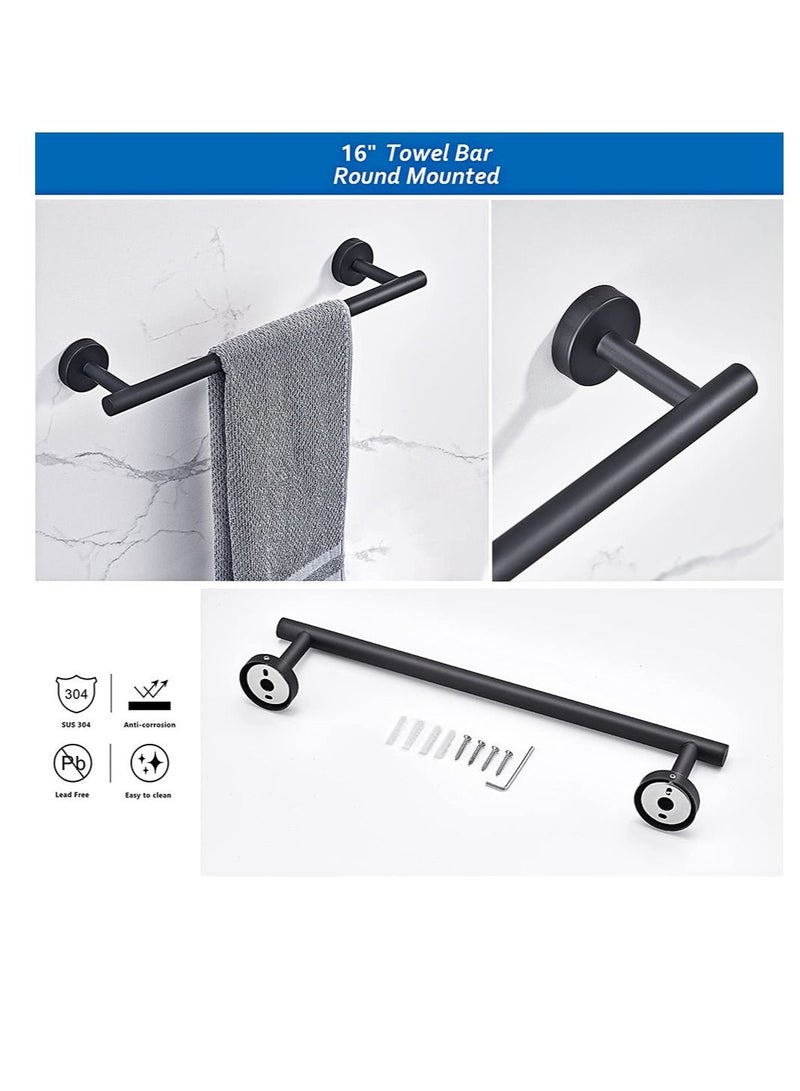 KASTWAVE Towel Bar Set KASTWAVE 6 PCS Bathroom Matte Black Stainless Steel Bathroom Accessories Towel Rack Set Round Wall Mounted, Include 16inch Towel Bar, Toilet Paper Holder, Towel Ring, 3 Robe Towel Hooks  - Image 2