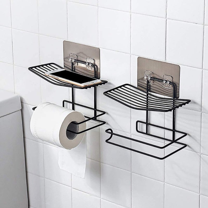 Luxansa Toilet Paper Holder Shelf Tissue Roll Towel Storage Rack Multifunctional Bathroom Accessories Shelf Wall Mount Tissue Holder with Mobile Phone Storage Shelf Rack Towel Rack Soap Dispenser Holder Black Pack of 2 - Image 1