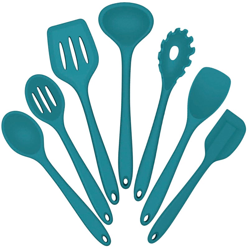 E-far Silicone Cooking Utensils Set Efar 7Piece Blue Heat Resistant Kitchen Utensils Set Kitchen Nonstick Tools Spatula Ladle Spoon Pasta Server for Nonstick Cookware NonToxic  Dishwasher safe 