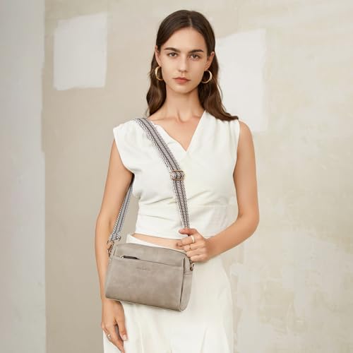 BOSTANTEN Small Crossbody Purse for Women Triple Zip Cell Phone Leather Shoulder Handbag with Wide Guitar Strap Grey - Image 2