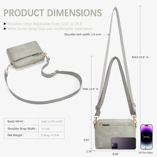 BOSTANTEN Small Crossbody Purse for Women Triple Zip Cell Phone Leather Shoulder Handbag with Wide Guitar Strap Grey - Image 3