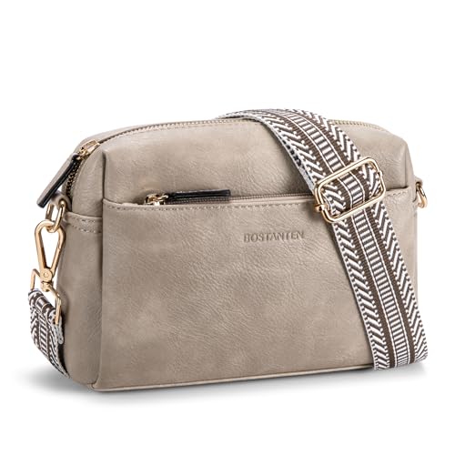 BOSTANTEN Small Crossbody Purse for Women Triple Zip Cell Phone Leather Shoulder Handbag with Wide Guitar Strap Grey - Image 1