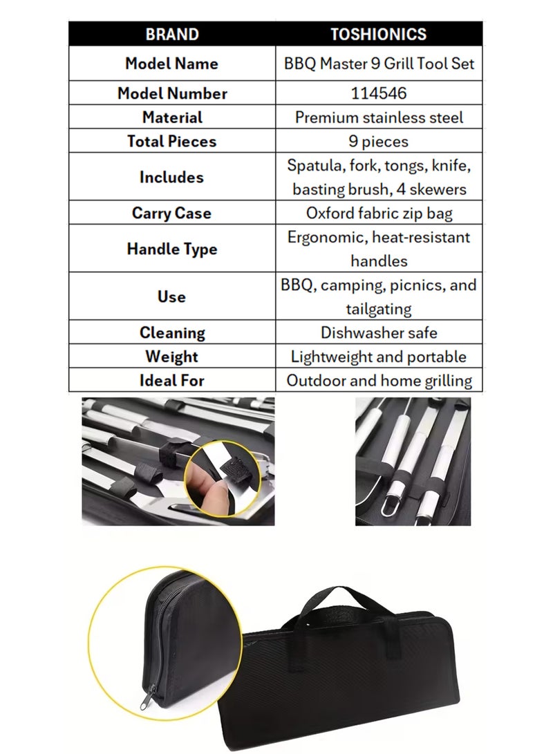 توشيونيكس مجموعة أدوات شواء من الفولاذ المقاوم للصدأ (9 قطع) مع حقيبة حمل | مجموعة ملحقات شواء خارجية محمولة للتخييم والنزهات والطهي المنزلي - Image 2