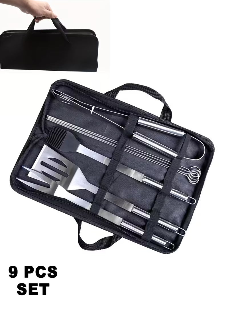 توشيونيكس مجموعة أدوات شواء من الفولاذ المقاوم للصدأ (9 قطع) مع حقيبة حمل | مجموعة ملحقات شواء خارجية محمولة للتخييم والنزهات والطهي المنزلي - Image 1