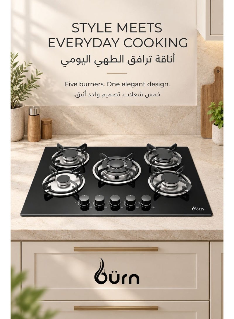 BURN 5 Burner Gas Hob – 750mm Built-in, High Power Burners, Tempered Glass - Image 1