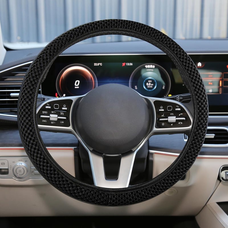 UHANBUT Elastic Stretch Steering Wheel Cover AntiSlip 15 inch Microfiber Odorless Breathable Ice Silk Car Steering Wheel Protector Easy Carry Warm in Winter Cool in Summer Black - Image 3