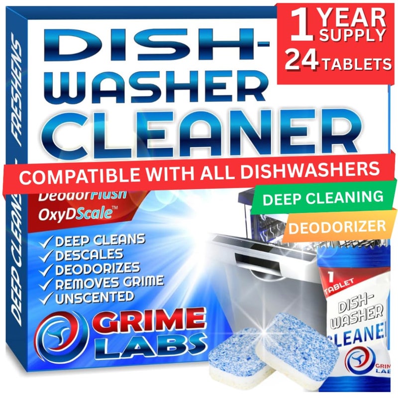GRIME LABS Dishwasher Cleaner Deodorizer Descaler Tablets, 24 pack Heavy Duty Deep Clean and Natural Limescale Remover, Dish Washer Cleaner Machine Pods, 12 Months Supply - Image 1