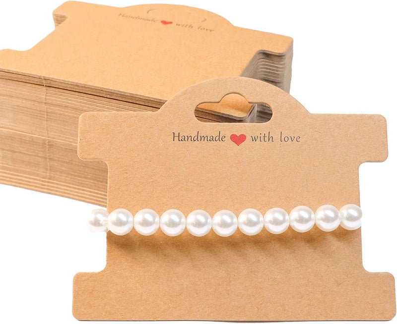 Festiko® Brown Kraft Jewelry Display Cards with Handmade with Love Print – 50 Pcs Jewellery Packaging Cards for Bracelets, Necklaces, Hair Accessories & Small Business Display - Image 1