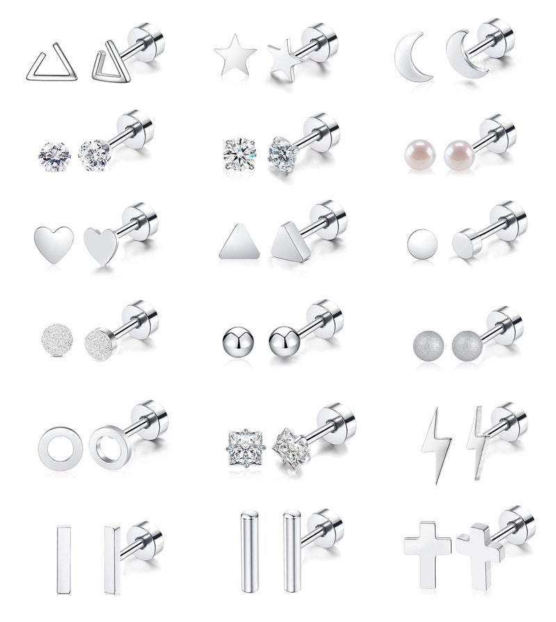 Staligue 18 Pairs Tiny Cartilage Stud Earrings for Women Men Star Moon Heart Disc Ball CZ Small Screwback Flat Back Stud Earrings Stainless Steel Geometric Barbell Flatback Earrings Piercing Setï¼ˆSilveryï¼‰ - Image 1