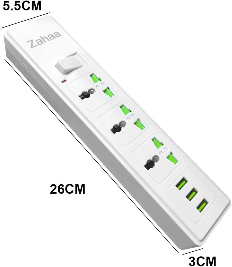 Zahaa Universal Extension Cord with 3 Power Socket and 3 USB Slots, 3 Way Power Strip with USB type Charging slot, Extension Lead 3 meter - White (3M+3S+3U) - Image 2