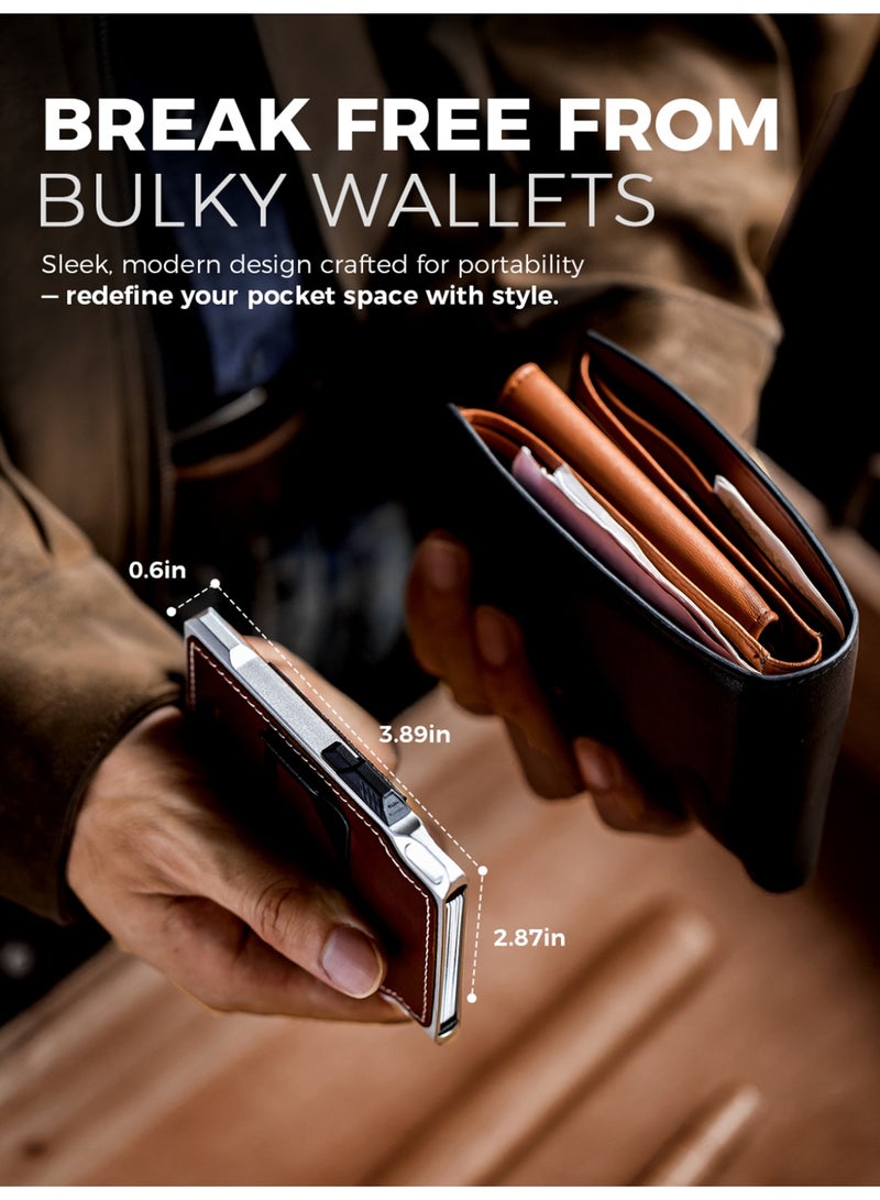 LORZOR RFID Blocking Slim Tactical Front Pocket Wallet for Men Full Grain Leather Aerospace Aluminum Smart Pop Up Card Case Money Clip 8-12 Card Slots - Image 4