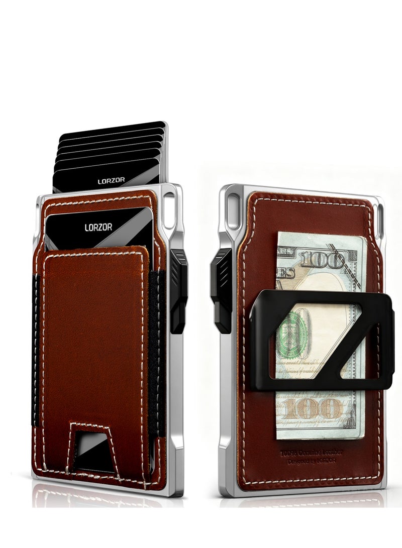 LORZOR RFID Blocking Slim Tactical Front Pocket Wallet for Men Full Grain Leather Aerospace Aluminum Smart Pop Up Card Case Money Clip 8-12 Card Slots - Image 1