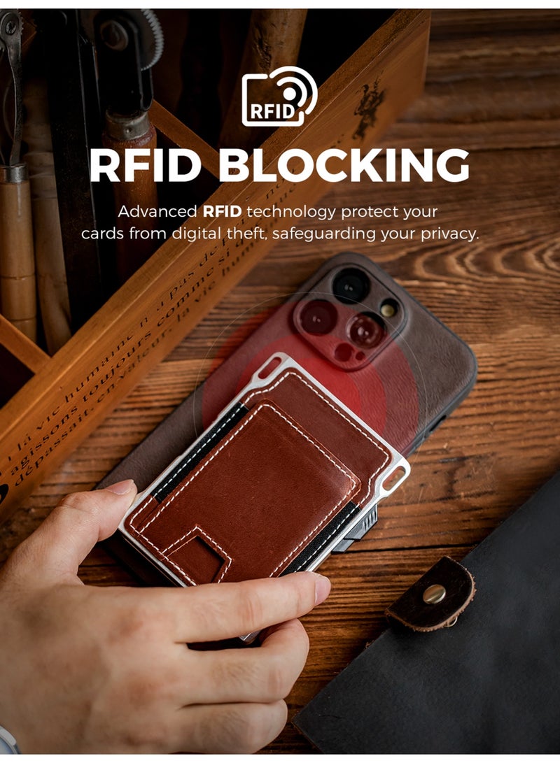 LORZOR RFID Blocking Slim Tactical Front Pocket Wallet for Men Full Grain Leather Aerospace Aluminum Smart Pop Up Card Case Money Clip 8-12 Card Slots - Image 2