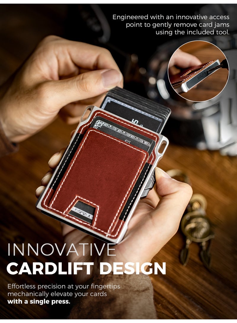 LORZOR RFID Blocking Slim Tactical Front Pocket Wallet for Men Full Grain Leather Aerospace Aluminum Smart Pop Up Card Case Money Clip 8-12 Card Slots - Image 3