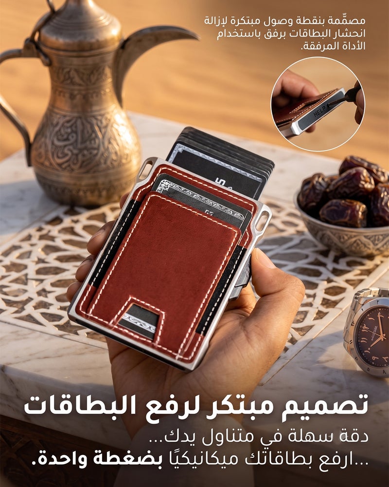 LORZOR محفظة لورزور التكتيكية الرفيعة لحجب RFID للرجال من جلد كامل الحبة وألمنيوم فضائي مع علبة بطاقات ذكية قابلة للفتح وملقط نقود بسعة 8-12 بطاقة - Image 2