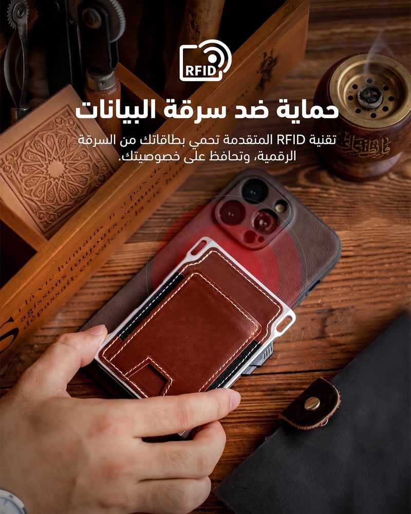 LORZOR محفظة لورزور التكتيكية الرفيعة لحجب RFID للرجال من جلد كامل الحبة وألمنيوم فضائي مع علبة بطاقات ذكية قابلة للفتح وملقط نقود بسعة 8-12 بطاقة - Image 3