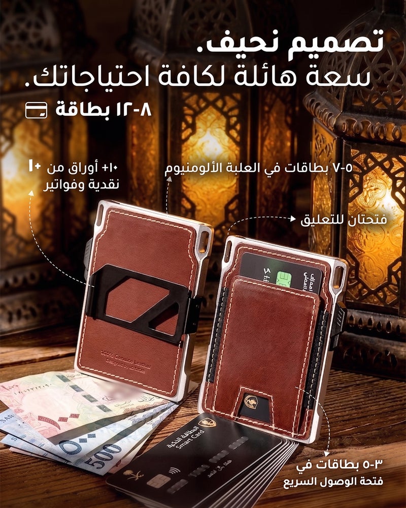 LORZOR محفظة لورزور التكتيكية الرفيعة لحجب RFID للرجال من جلد كامل الحبة وألمنيوم فضائي مع علبة بطاقات ذكية قابلة للفتح وملقط نقود بسعة 8-12 بطاقة - Image 4