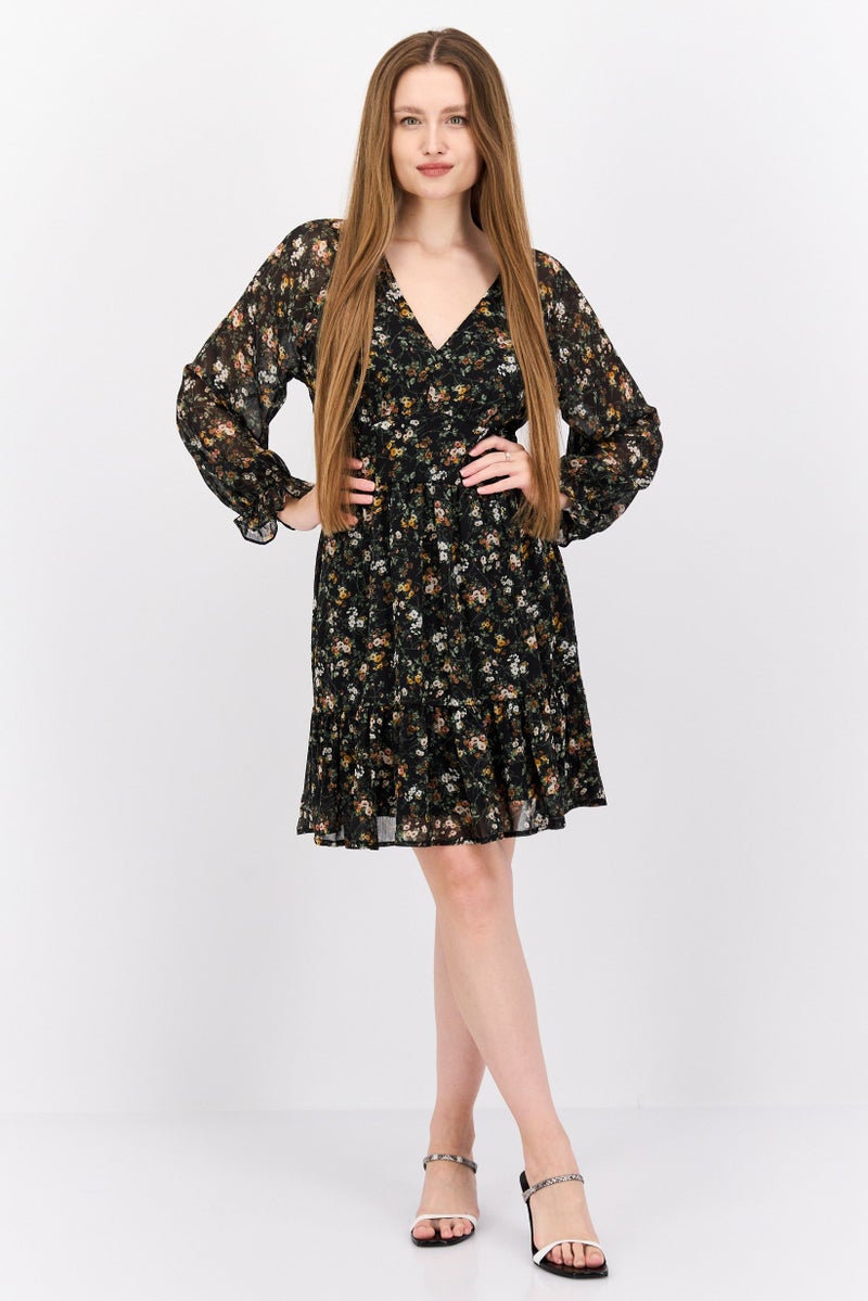 DEX فستان ميني مزخرف بالزهور للنساء، مجموعة سوداء - Image 3