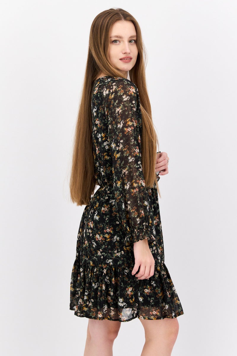 DEX فستان ميني مزخرف بالزهور للنساء، مجموعة سوداء - Image 4
