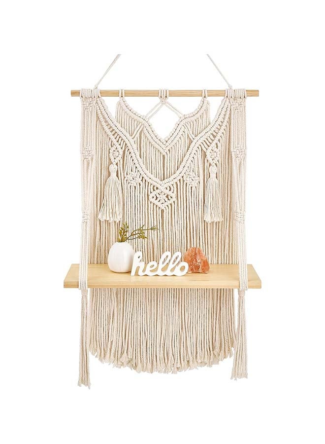 Handmade Macrame Wall Hanging Shelf with Wooden Shelves – Boho Hanging Display Shelf for Plants, Books & Home Décor – 68 × 43 cm