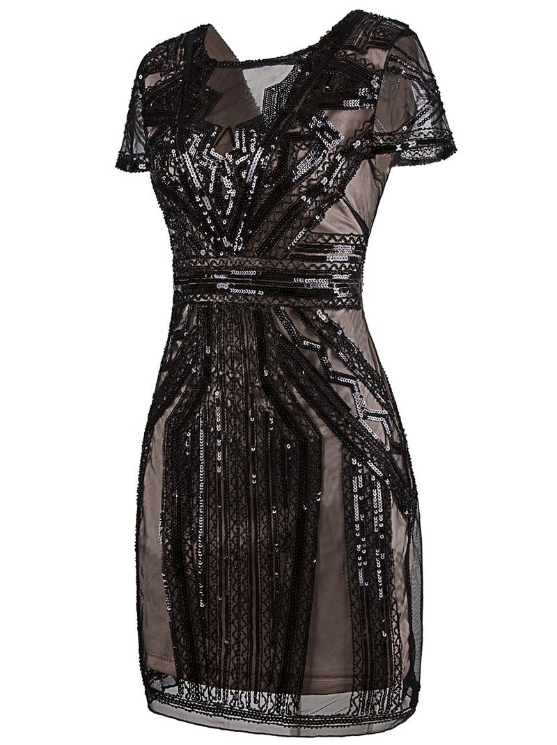Vijiv 1920s Short Prom Dresses V Neck Inspired Sequins Cocktail Flapper Dress, X-Small, Black Beige - Image 3