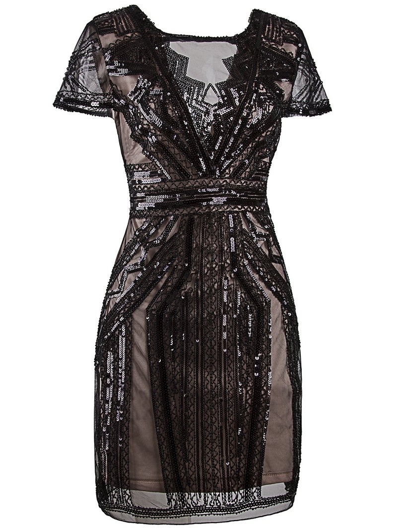 Vijiv 1920s Short Prom Dresses V Neck Inspired Sequins Cocktail Flapper Dress, X-Small, Black Beige - Image 2