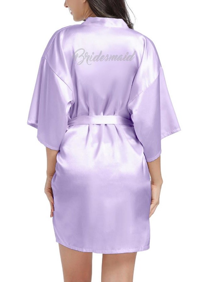 sunshinemall Women's Satin Kimono Robes with Rhinestones Bride Bridesmaid Short Getting Ready Wedding Dressing Gown, Bridesmaid-light Purple, Small-Medium - Image 2