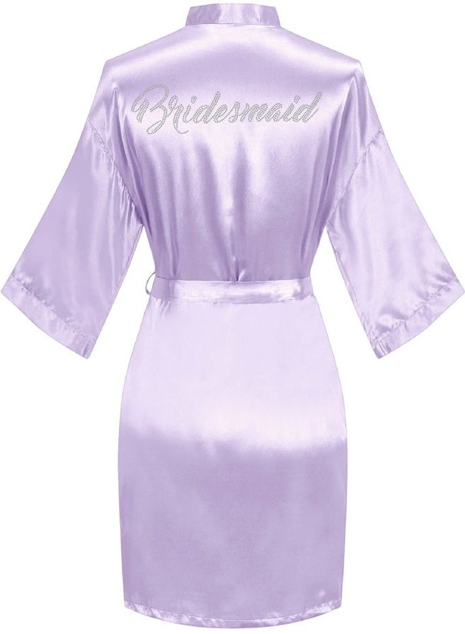 sunshinemall Women's Satin Kimono Robes with Rhinestones Bride Bridesmaid Short Getting Ready Wedding Dressing Gown, Bridesmaid-light Purple, Small-Medium - Image 1
