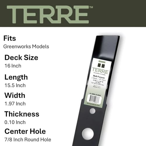 T TERRE Terre Products, Single Standard Lawn Mower Blade, 16 Inch Deck, Compatible with Greenworks 25322, 25142, Replacement for 29512 - Image 2