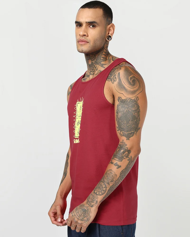 بيواكوف Men's Bold Red Let It Happen Graphic Printed Oversized Vest